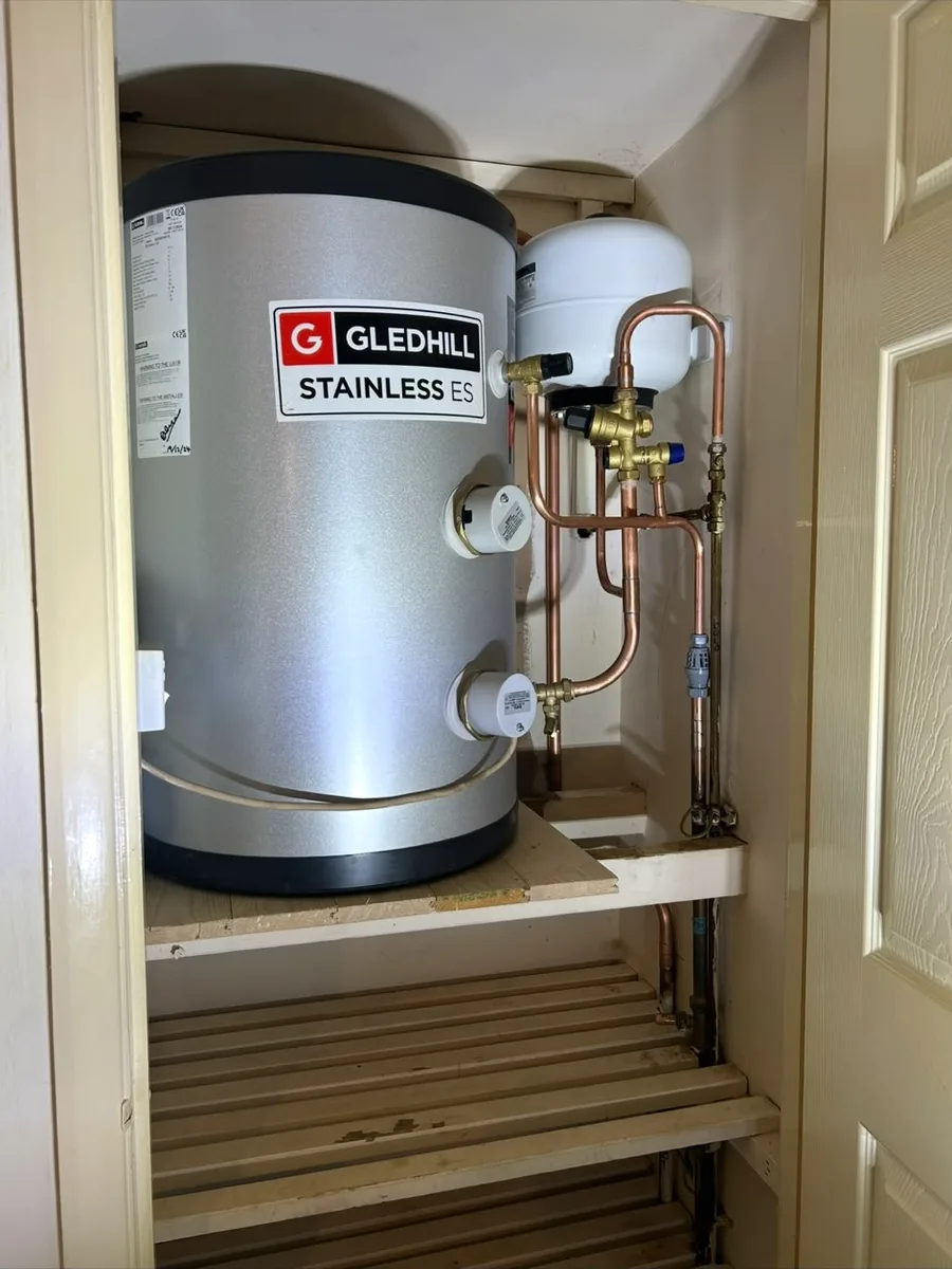 Gledhill unvented hot water cylinder fitted in an airing cupboard, by TF Heating